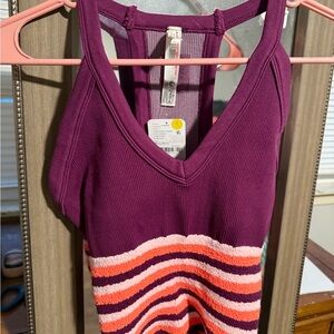 Free People Movement All Clear Striped V Neck  Deep Mulberry Combo M-L NWT